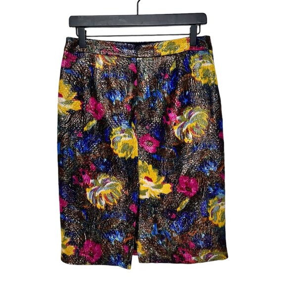 J. Crew Silk Cotton Black Floral Metallic Textured Straight Pencil Skirt 4 - Picture 3 of 9